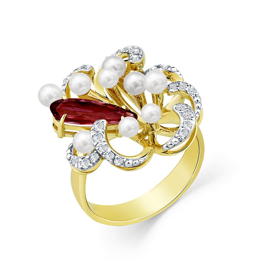 Кольцо, золото, микс с полудрагоценными камнями, желтый, 1-308799-00-32